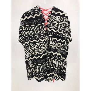 Very J Black Cream Tribal Print Lace Up Back Button Down Blouse Size L